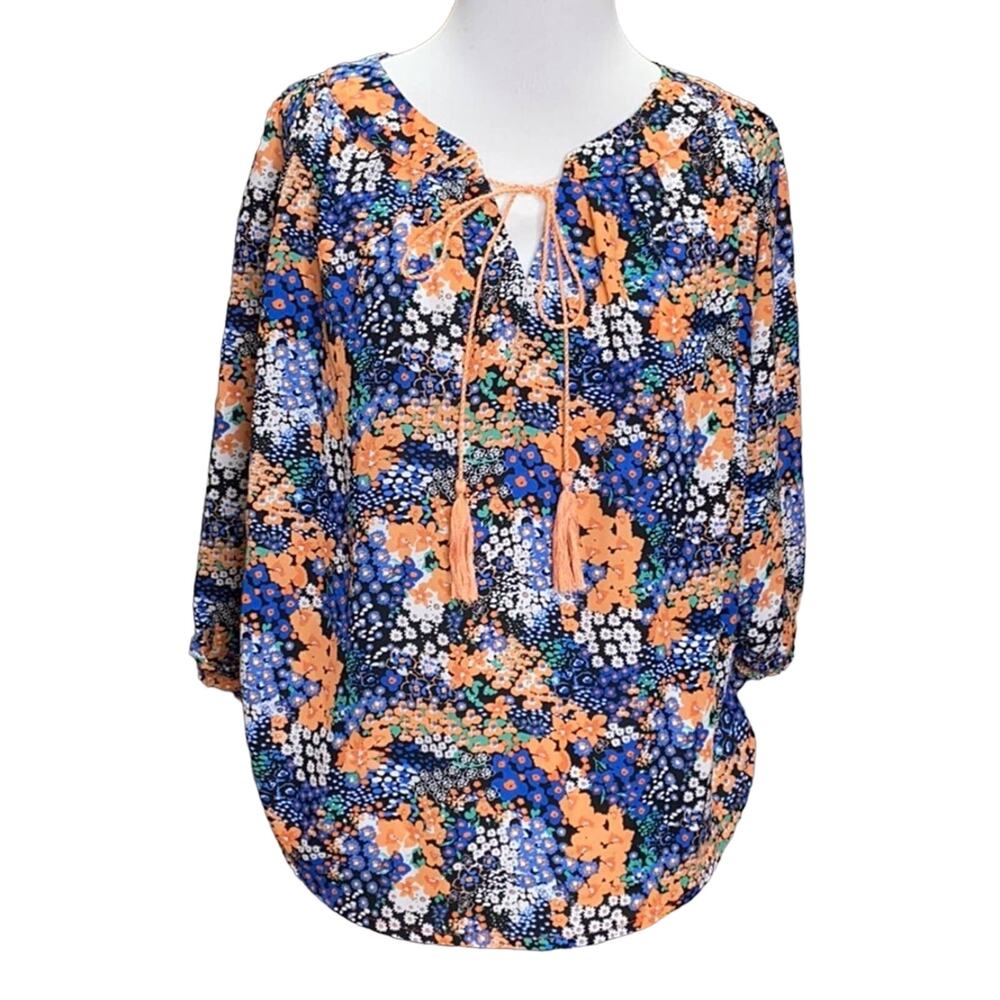 Takara Floral Peasant Tie Tassel Blouse Small